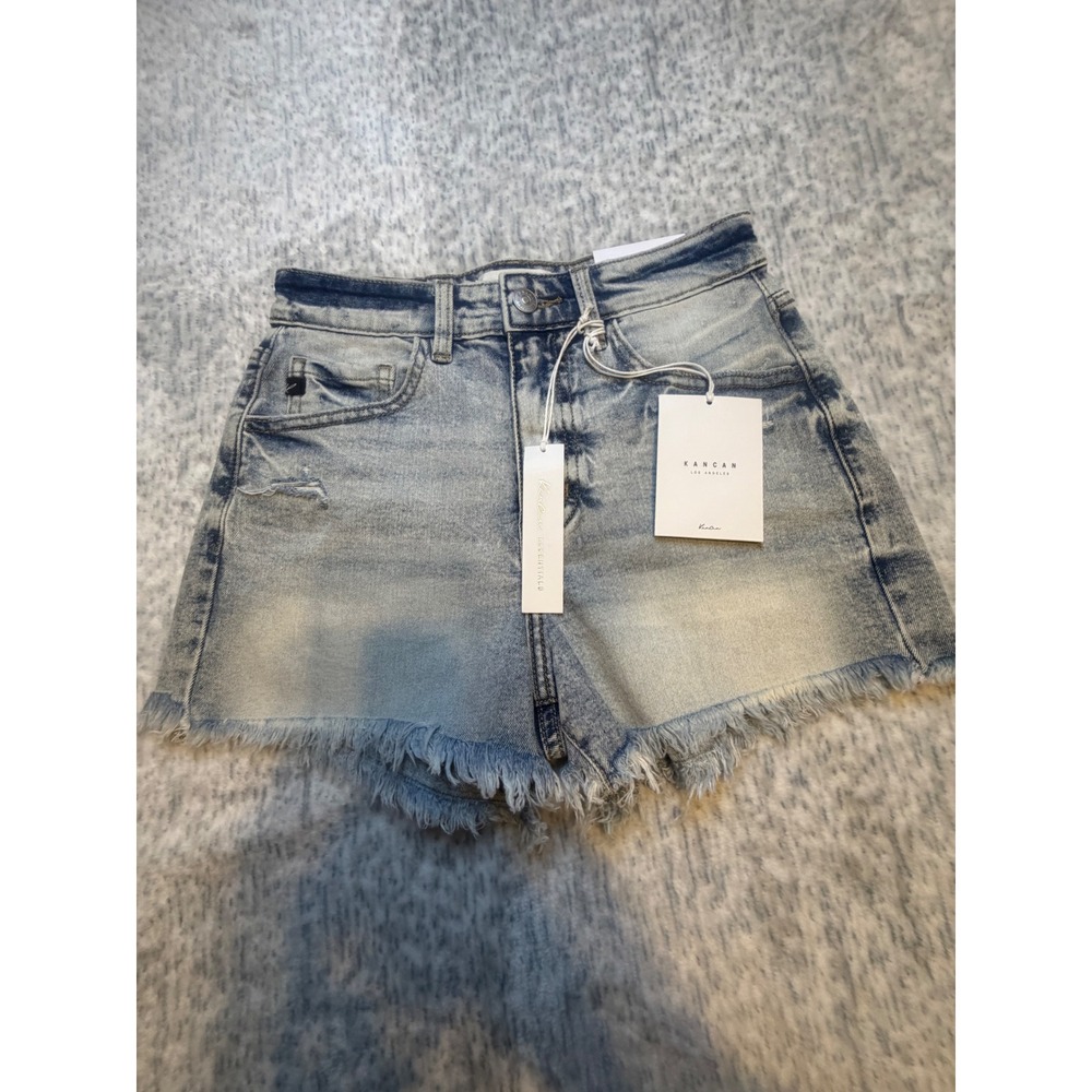 KanCan USA The HR Mom Short Light Wash Distressed Frayed Denim Shorts Size S NWT